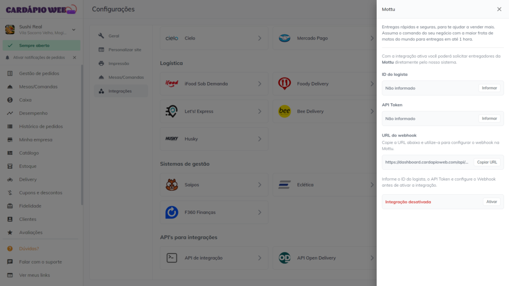 integração da Cardápio Web com a Mottu
