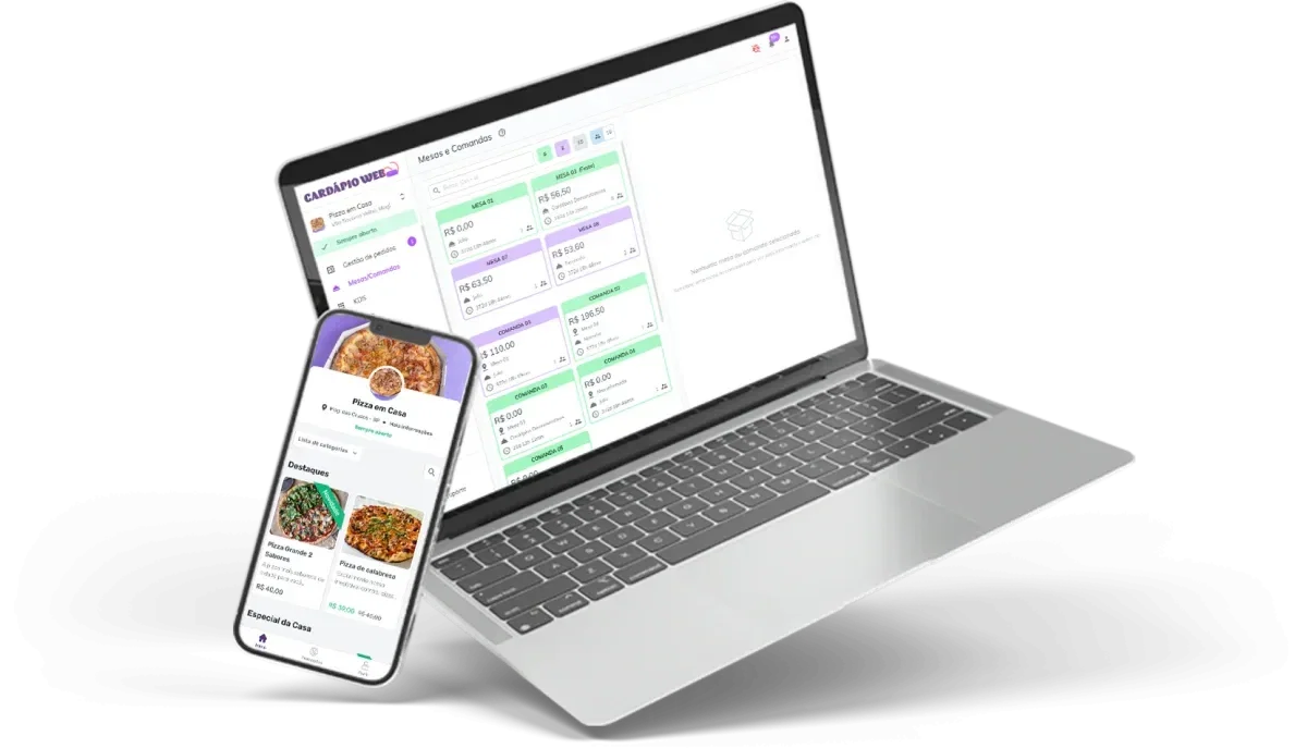 Painel da Cardápio Web aberto num notebook e o cardápio digital num celular