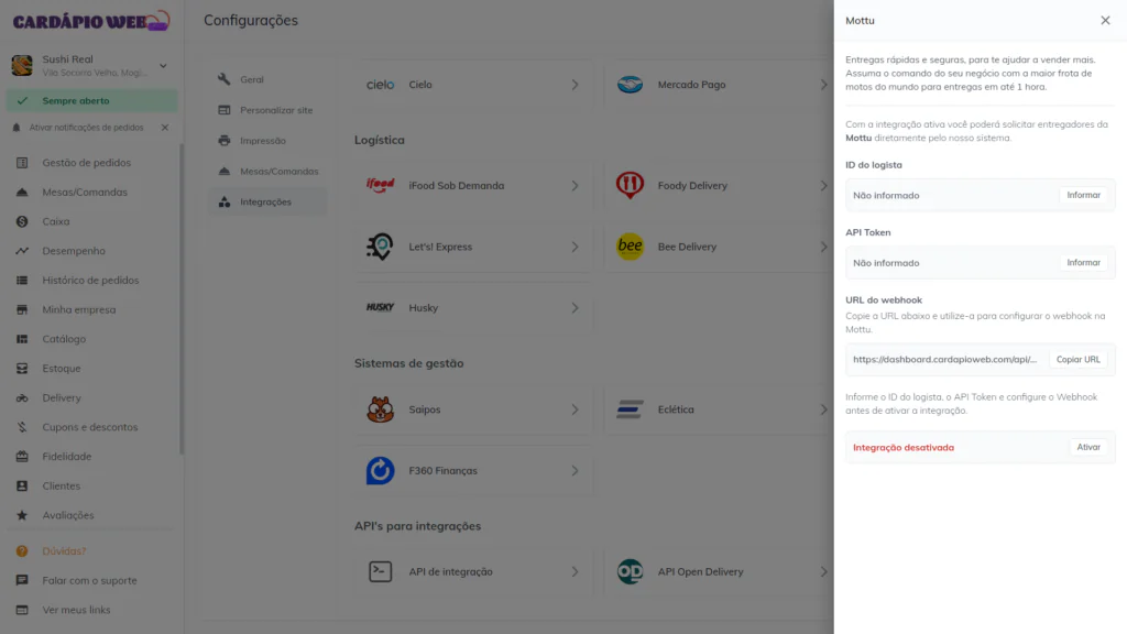 integração da Cardápio Web com a Mottu
